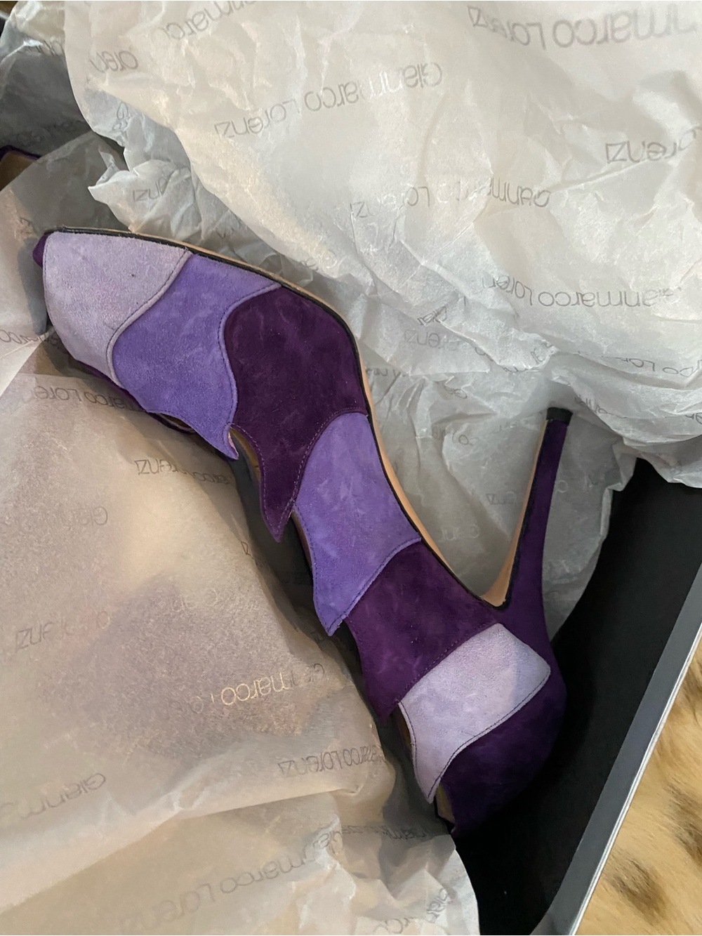 Purple Patchwork Suede Peep-Toe Stiletto Heels 37 - Picture 5 of 10